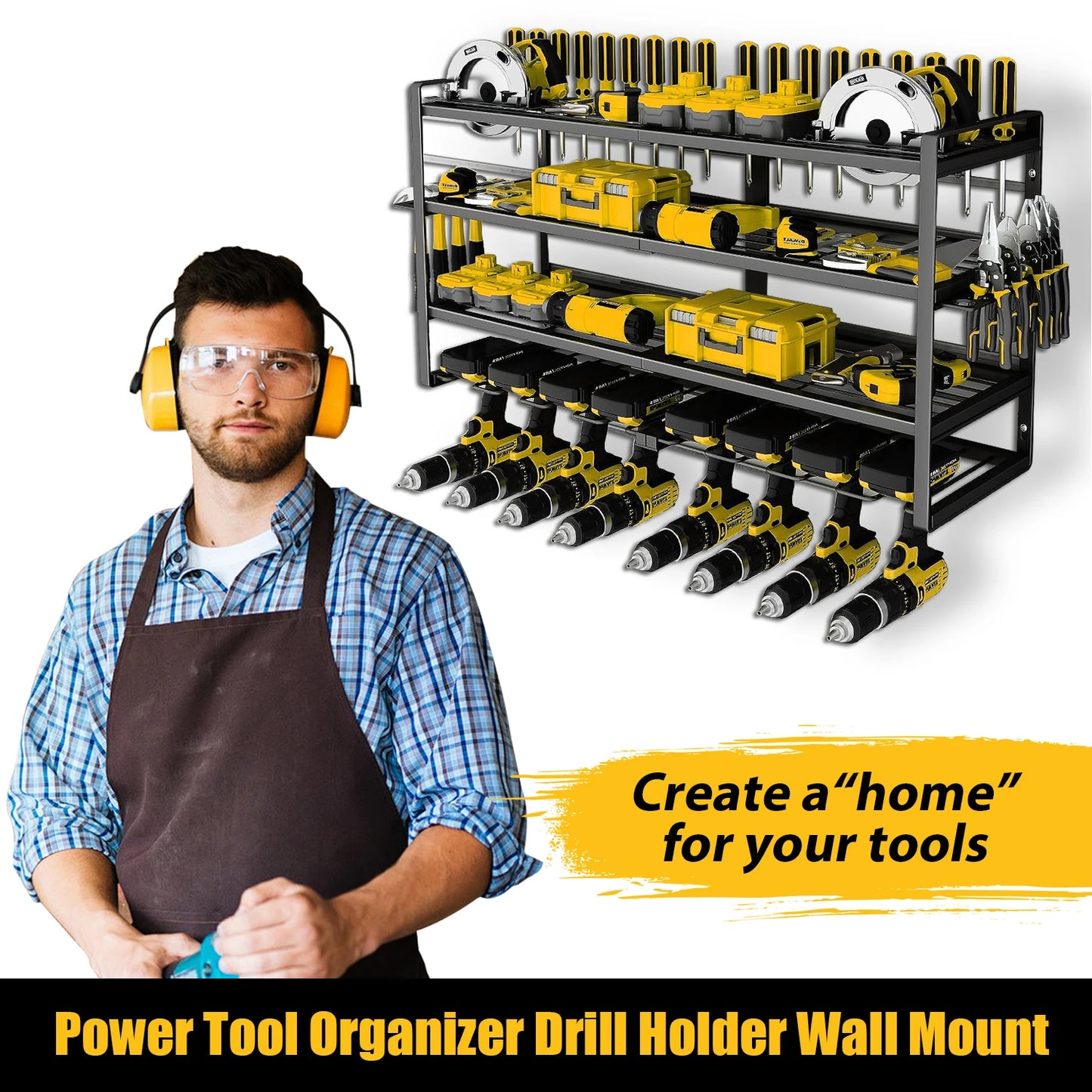 Power Tool Storage Rack 4 Layers Organizer-8 Tool Floating Shelf Wall Mount Heavy Duty Iron Drill Holder for Basement Workbench