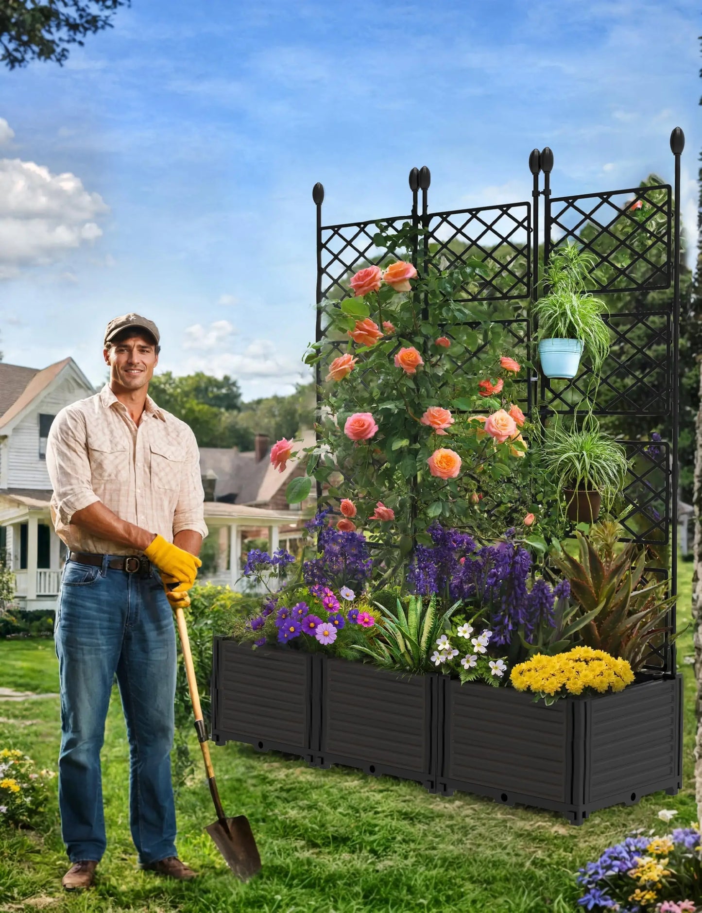 Planter Box With Trellis, 50x63In Raised Garden Bed For Climbing Plants Vines, Outdoor Planter For Vegetables Flowers Patio