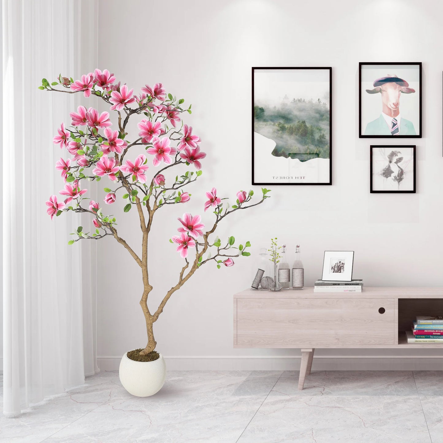 Lifelike Pink Magnolia Artificial Tree for Home Decor – Realistic Tall Silk Faux Plant Flower in Pot for Living Room Entryway