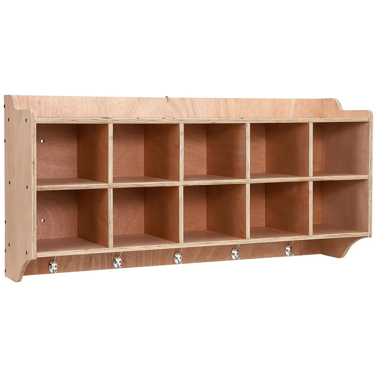 Wall Mount Kids Cubby Storage Organizer With 10 Cubbies, 5 Hooks And Top Shelf, Daycare Classroom Coat Locker For Toys Books Bags