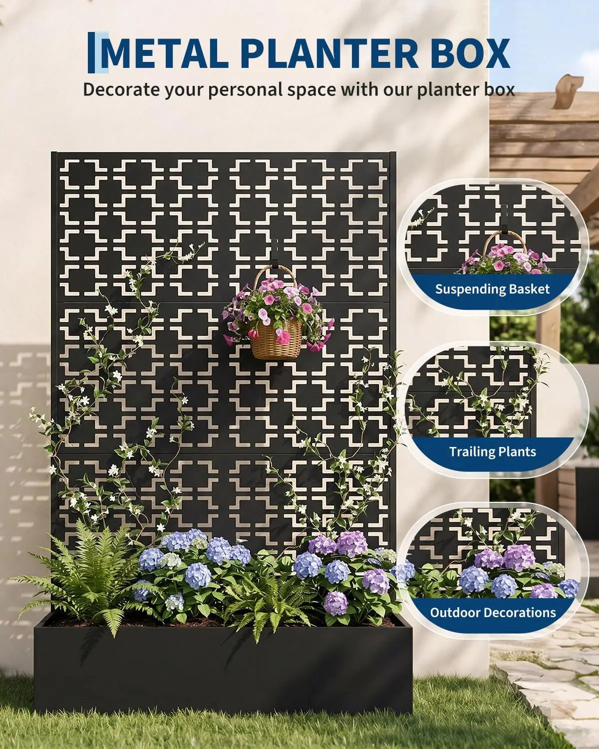 71'' Metal Raised Planter Box With Trellis, Outdoor Garden Bed With Privacy Screen, Drainage Holes For Climbing Plants Vegetables