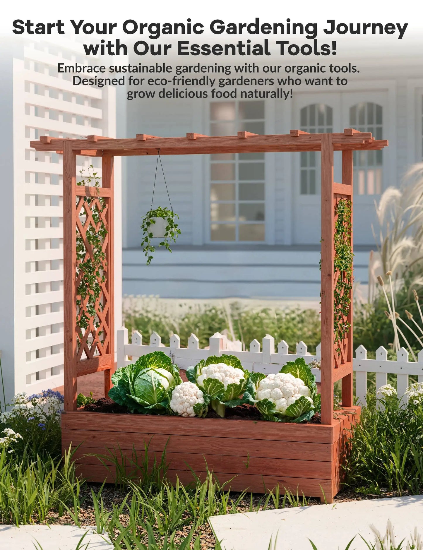 Elevated Wooden Raised Garden Bed with Trellis/Canopy/Drainage Hole Freestanding Planter Box for Climbing Plants Vines Blossoms