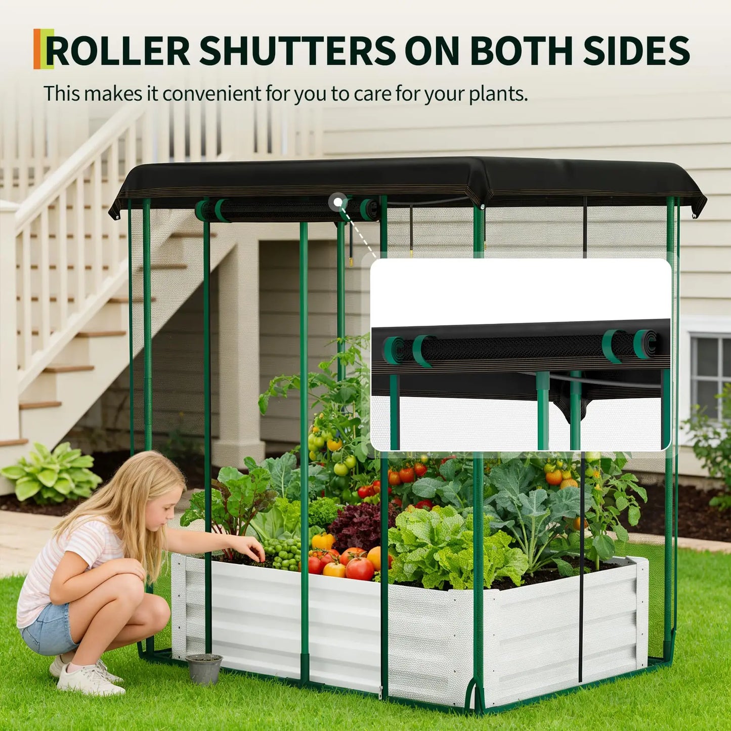 3-in-1 Raised Garden Bed 48"x36"x12" Galvanized Metal Planter Box Drip Irrigation Insect Net Shade Cloth Outdoor Vegetables