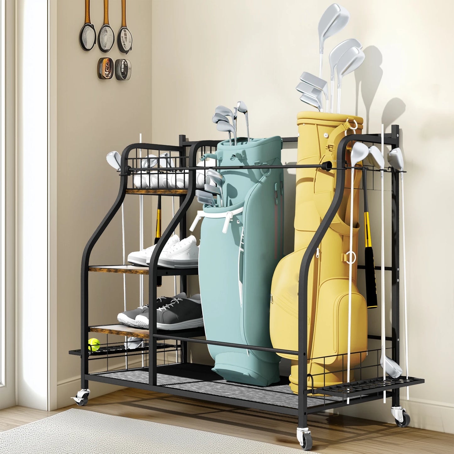 Multifunctional Rolling Golf Bags Storage Shelf Metal Sports Equipment Organizer Rack with Wheels