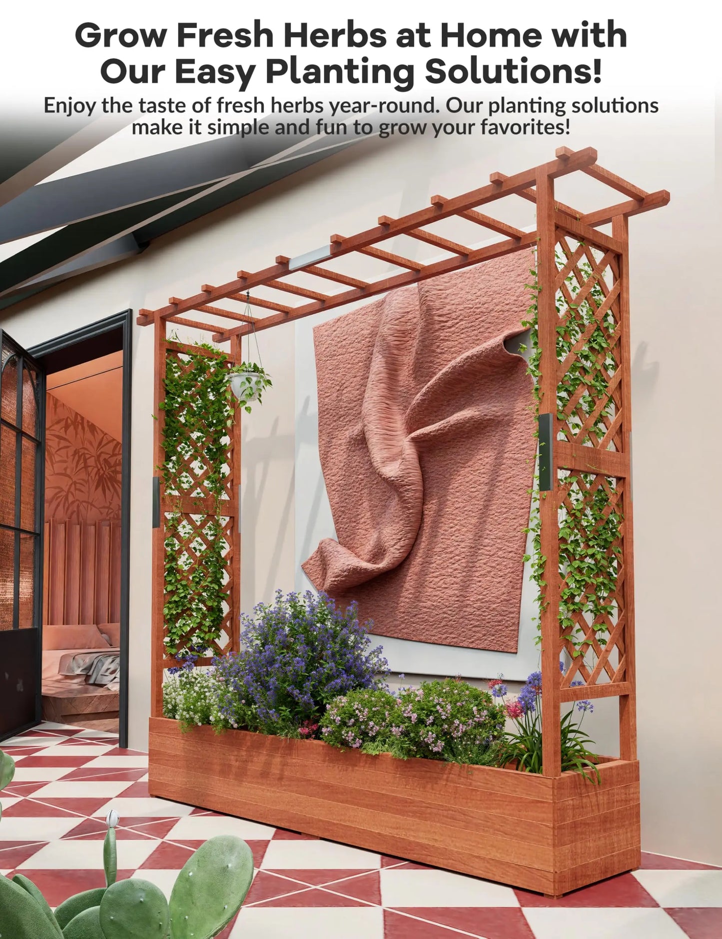 Elevated Wooden Raised Garden Bed with Trellis/Canopy/Drainage Hole Freestanding Planter Box for Climbing Plants Vines Blossoms