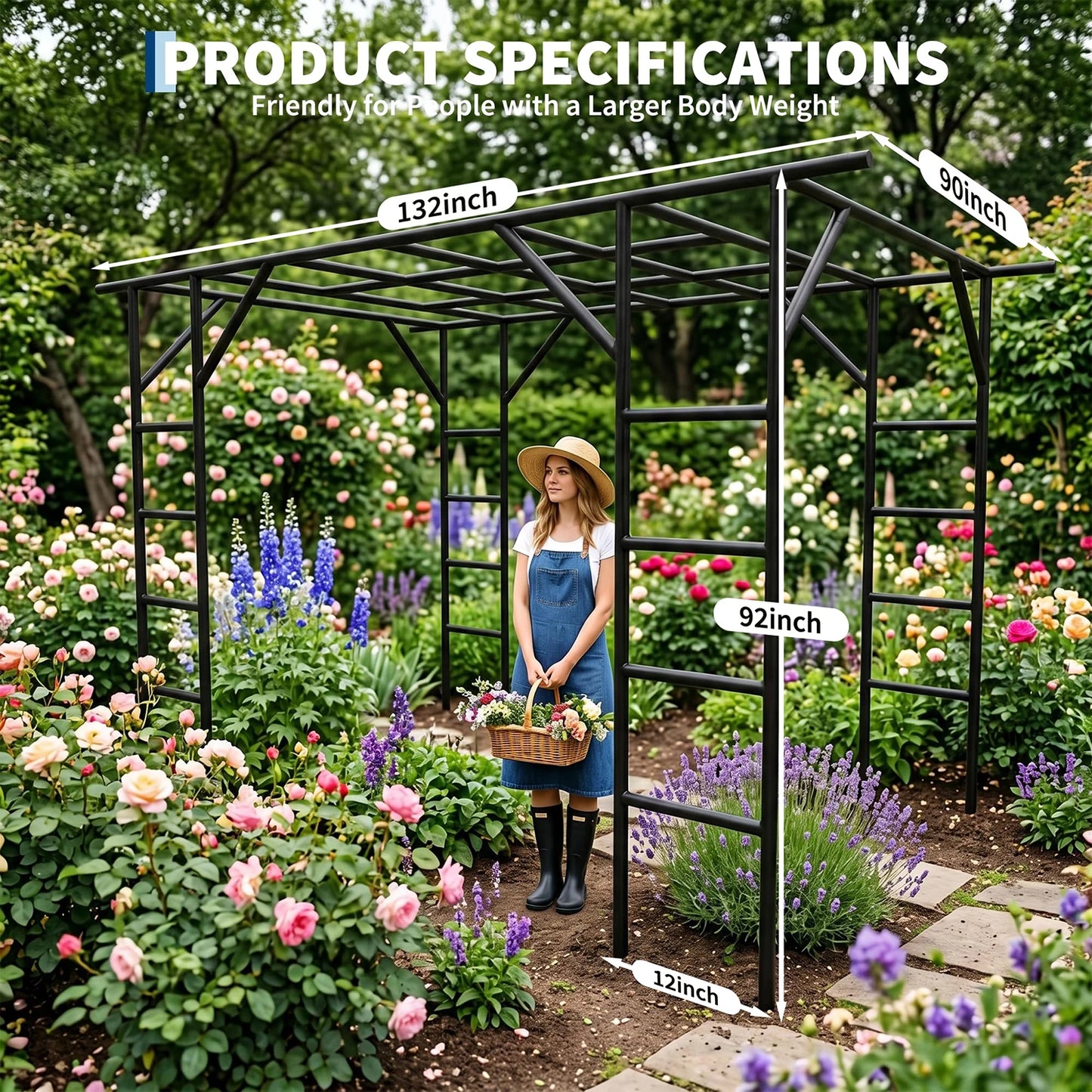 132in Garden Arch Trellis For Cucumber Grape Vine, Heavy Duty Metal Plant Trellis For Climbing Vegetables Flowers Raised Beds