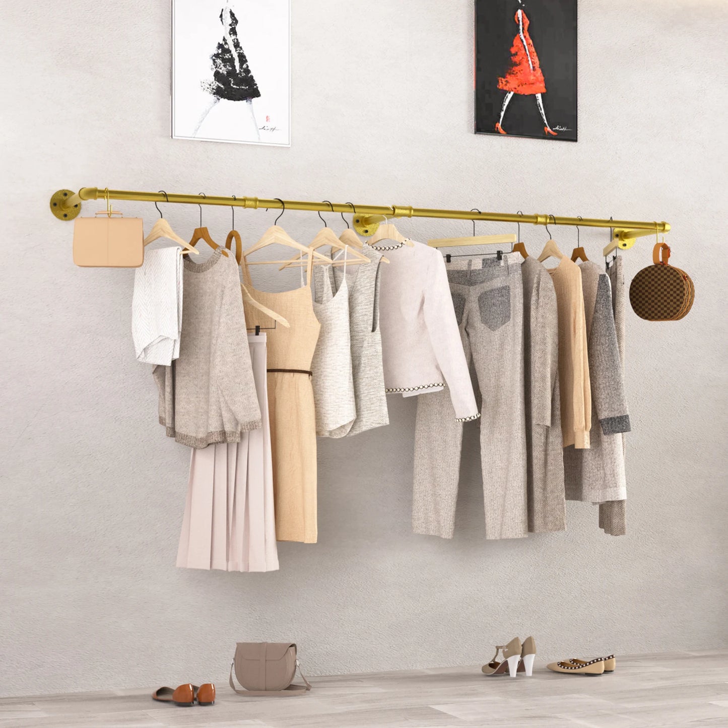 Wall Mounted Clothes Rack Industrial Pipe for Hanging Clothes, Space-Saving Closet Rod Multi-Purpose Hang Bedroom Laundry Room