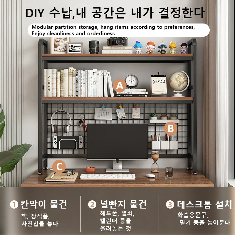 Bookshelf with Grid Desk Storage Shelf Desktop Multilayer Iron Shelf Student Computer Desk Cavity Plate Bookcase Table Rack