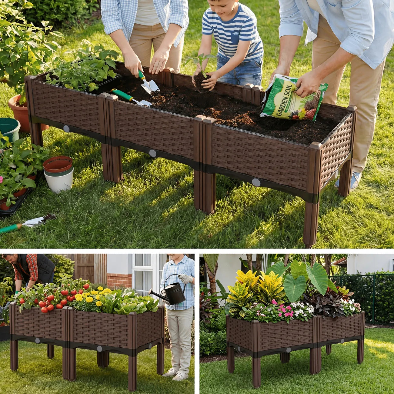 Garden Raised Bed, Elevated Flower Plant Box with Self-Watering Device and Drainage Holes, Herb Vegetable Planter Container for Yard, Balcony & Patio (2 Sets, Brown)