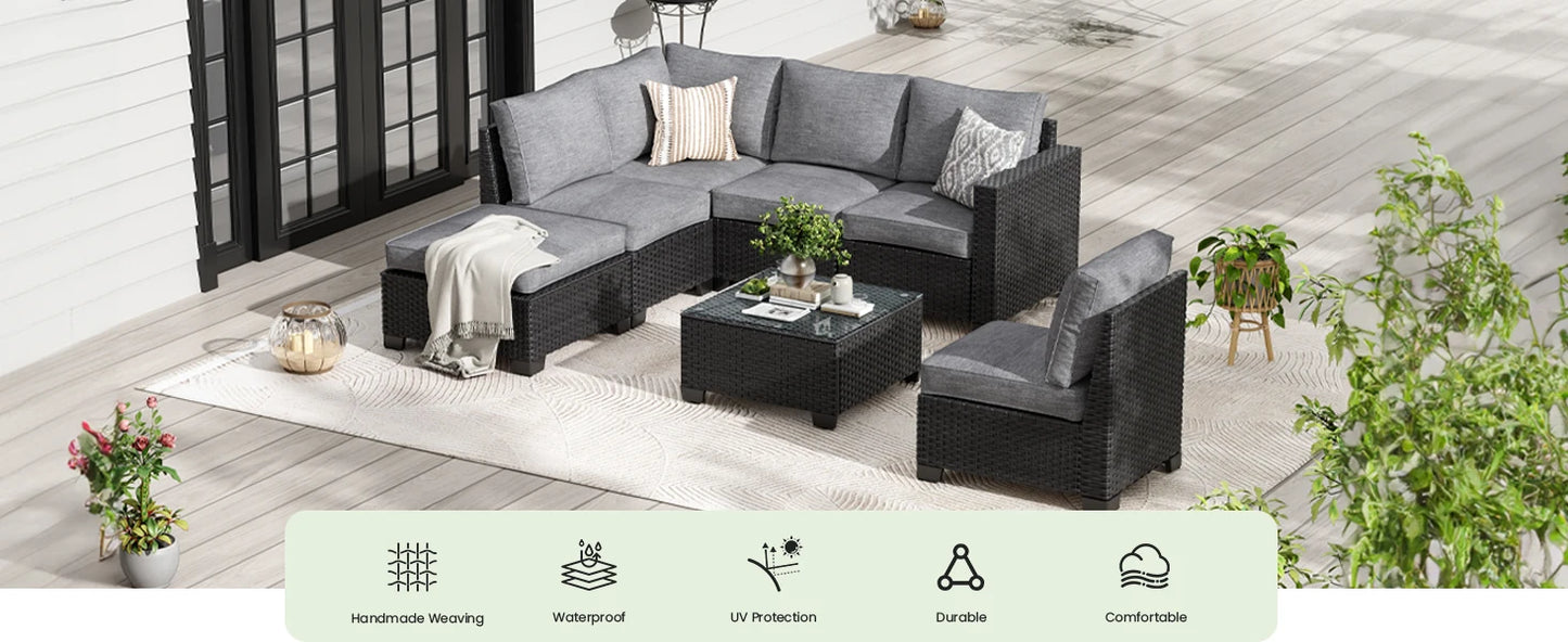 Farini Patio Sectional Sofa Set, Outdoor Furniture with Ottoman, Water/Oil/Stain-Resistant Fabric, Dark Gray Cushion + Gray Wick