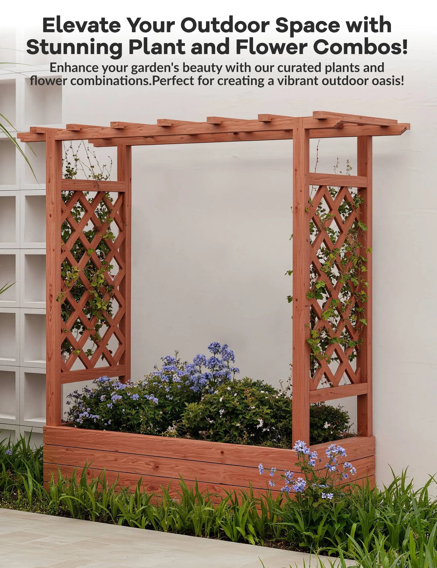 Elevated Wooden Raised Garden Bed with Trellis/Canopy/Drainage Hole Freestanding Planter Box for Climbing Plants Vines Blossoms