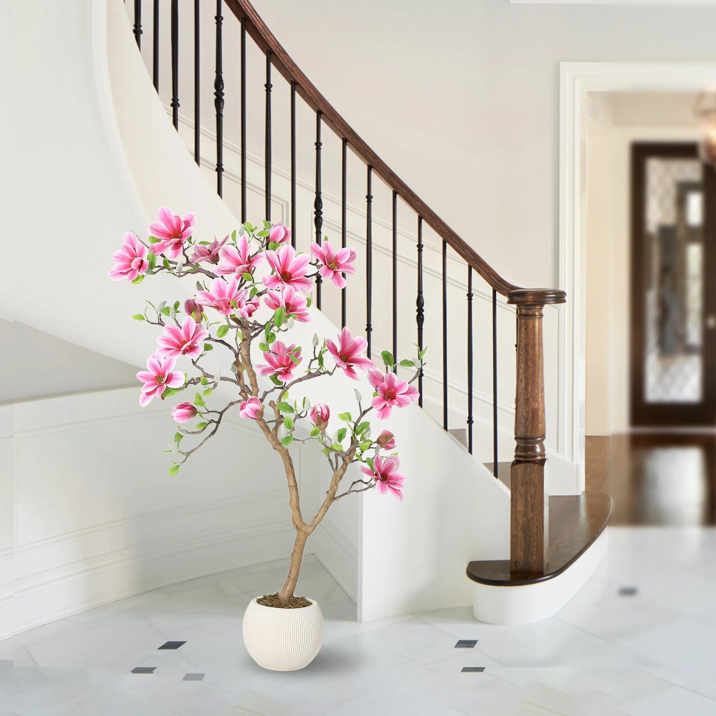 Lifelike Pink Magnolia Artificial Tree for Home Decor – Realistic Tall Silk Faux Plant Flower in Pot for Living Room Entryway