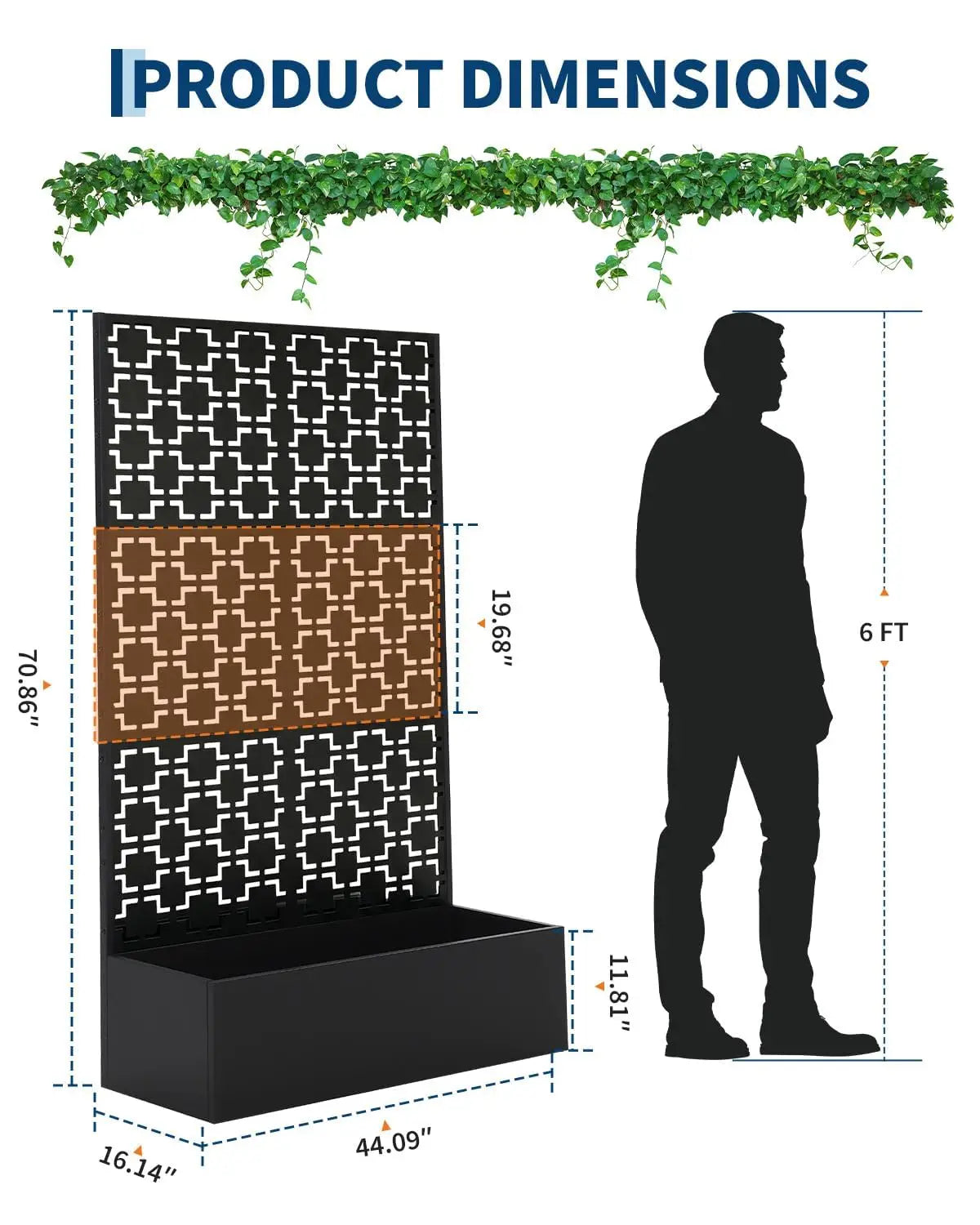 71'' Metal Raised Planter Box With Trellis, Outdoor Garden Bed With Privacy Screen, Drainage Holes For Climbing Plants Vegetables