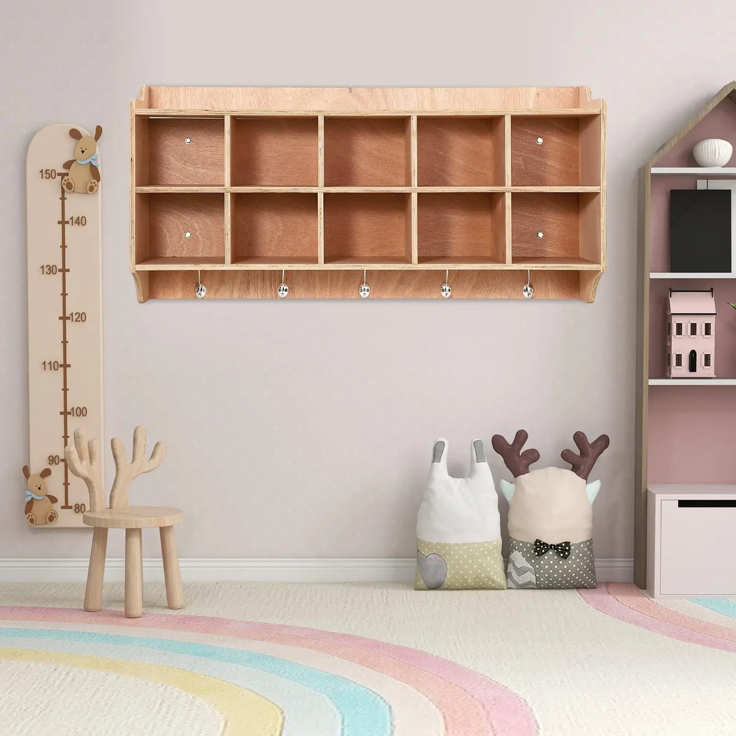 Wall Mount Kids Cubby Storage Organizer With 10 Cubbies, 5 Hooks And Top Shelf, Daycare Classroom Coat Locker For Toys Books Bags