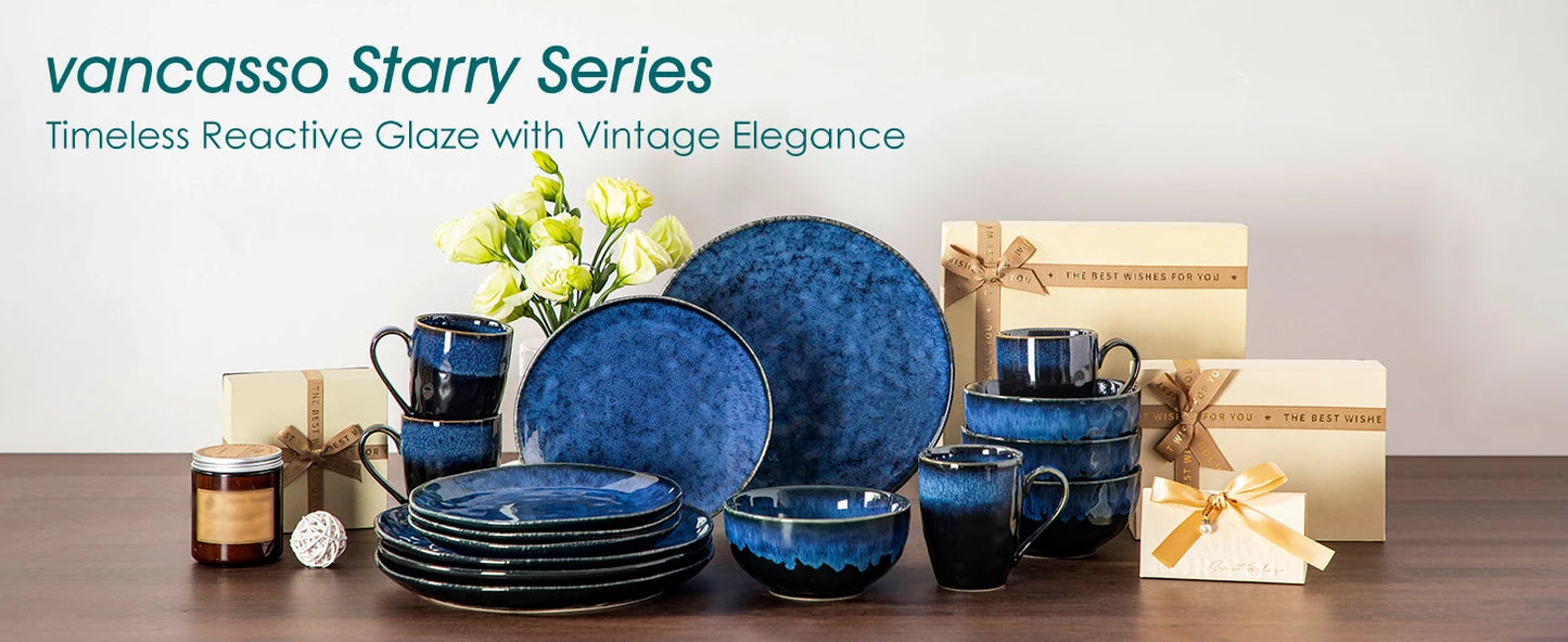 vancasso 16/32/48-Piece Starry Blue Dinner Set,Kiln Change Glaze Tableware Dinner Set with Dinner Plate,Dessert Plate,Bowl,Mug