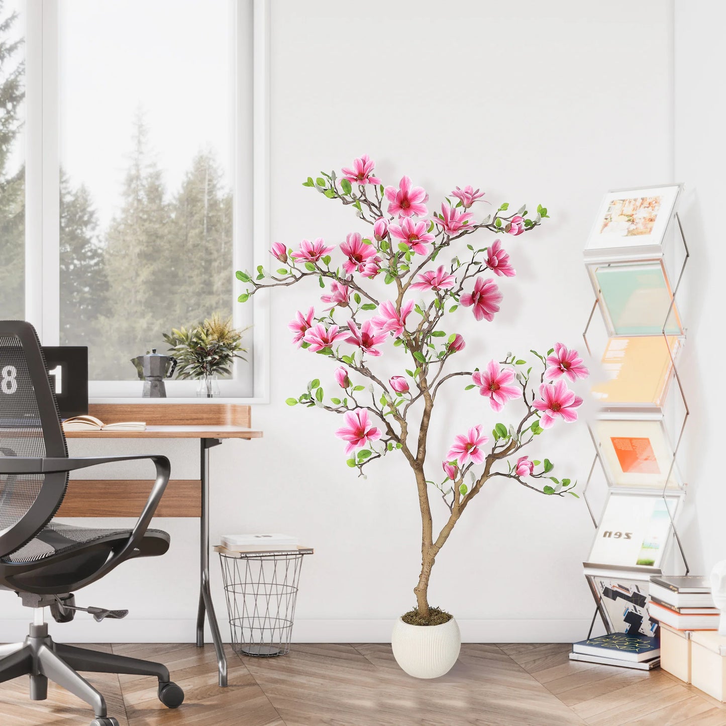 Lifelike Pink Magnolia Artificial Tree for Home Decor – Realistic Tall Silk Faux Plant Flower in Pot for Living Room Entryway