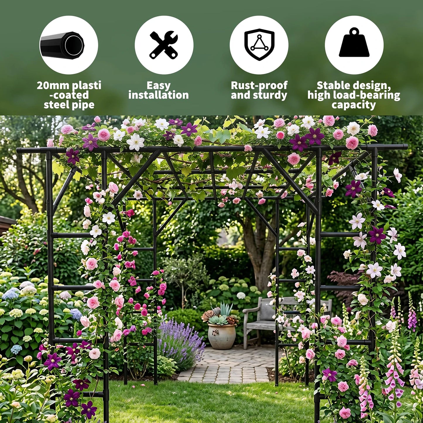 132in Garden Arch Trellis For Cucumber Grape Vine, Heavy Duty Metal Plant Trellis For Climbing Vegetables Flowers Raised Beds