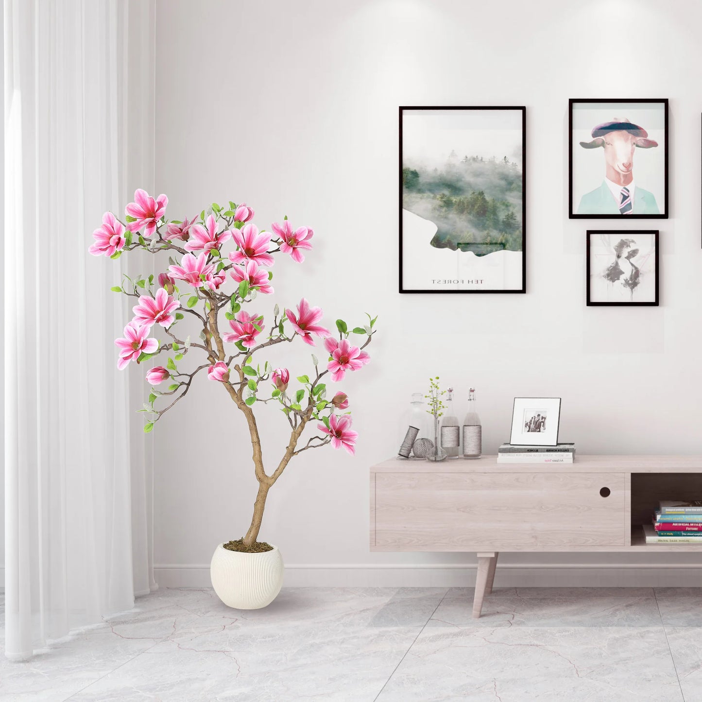 Lifelike Pink Magnolia Artificial Tree for Home Decor – Realistic Tall Silk Faux Plant Flower in Pot for Living Room Entryway
