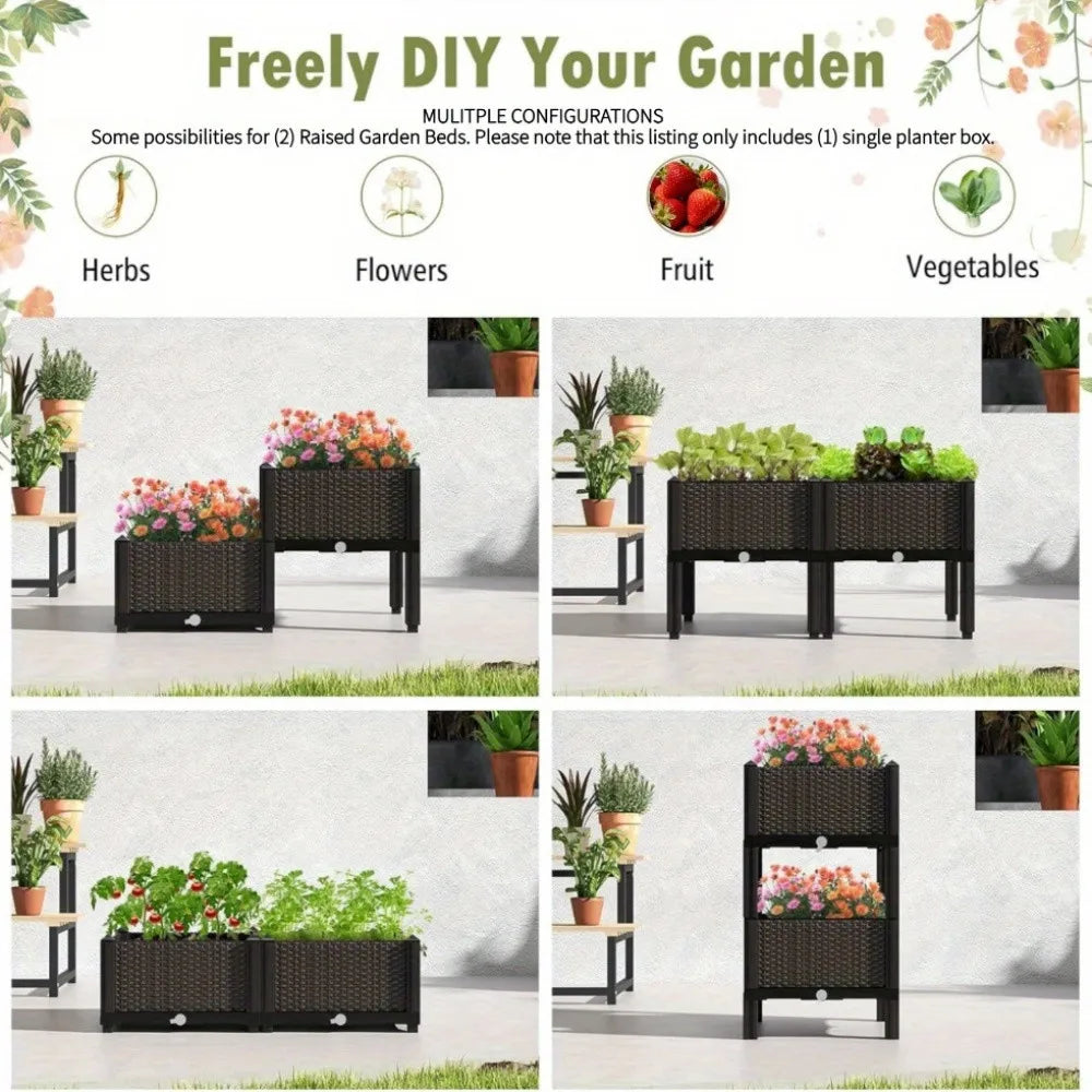 Garden Raised Bed, Elevated Flower Plant Box with Self-Watering Device and Drainage Holes, Herb Vegetable Planter Container for Yard, Balcony & Patio (2 Sets, Brown)