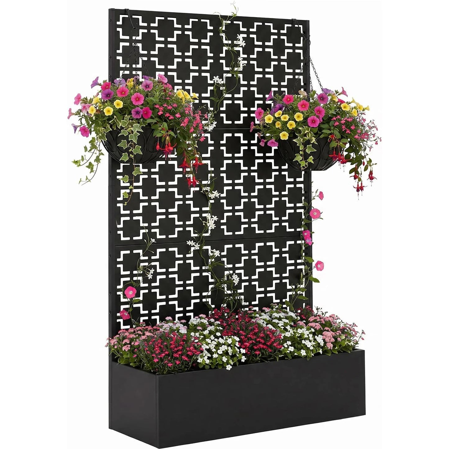 71'' Metal Raised Planter Box With Trellis, Outdoor Garden Bed With Privacy Screen, Drainage Holes For Climbing Plants Vegetables