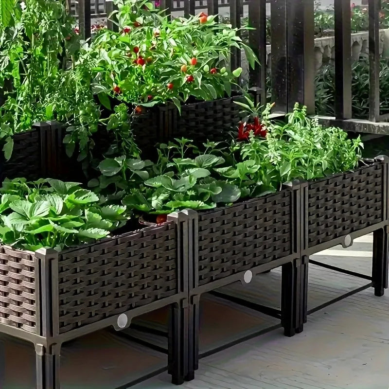 Garden Raised Bed, Elevated Flower Plant Box with Self-Watering Device and Drainage Holes, Herb Vegetable Planter Container for Yard, Balcony & Patio (2 Sets, Brown)