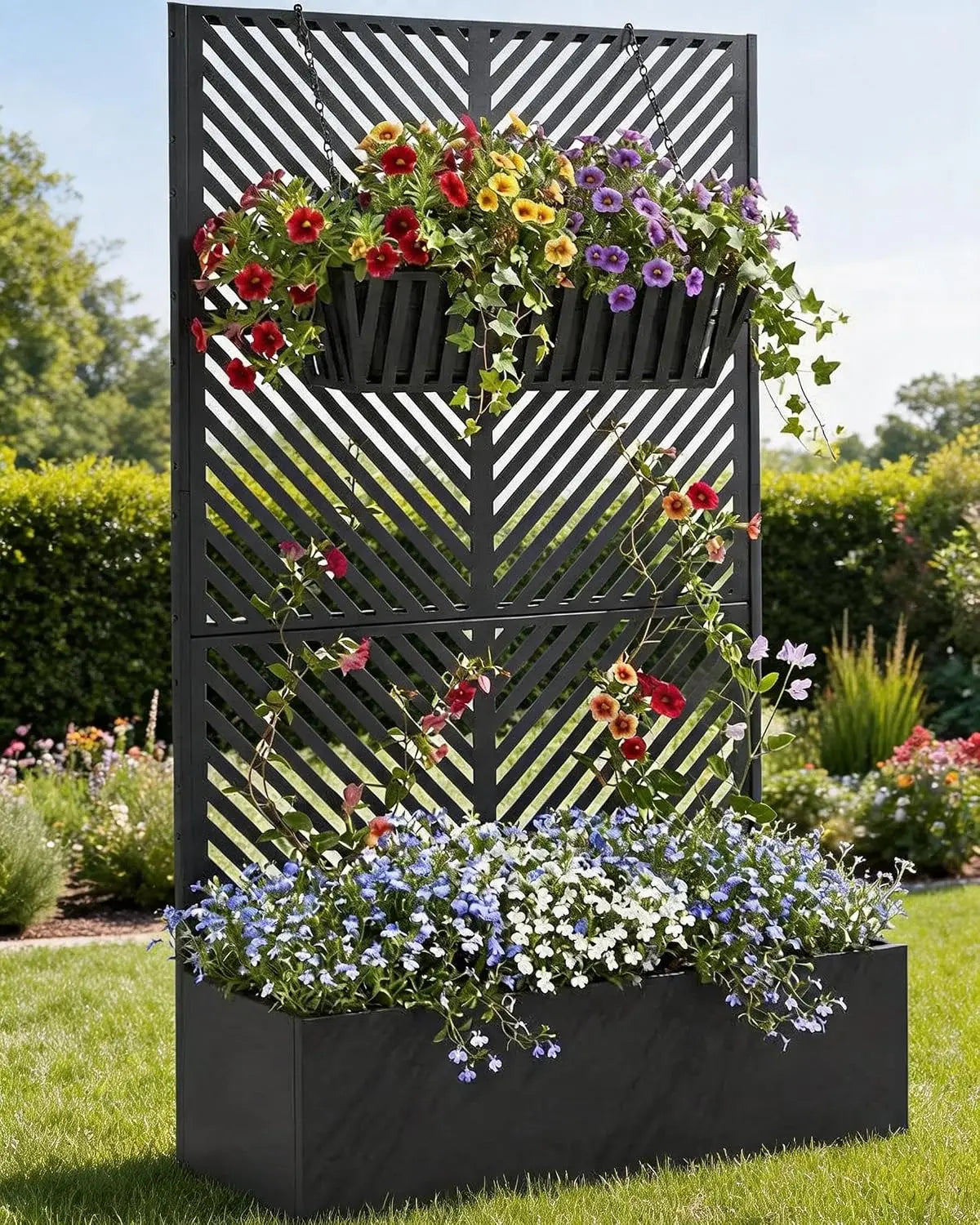 71'' Metal Raised Planter Box With Trellis, Outdoor Garden Bed With Privacy Screen, Drainage Holes For Climbing Plants Vegetables