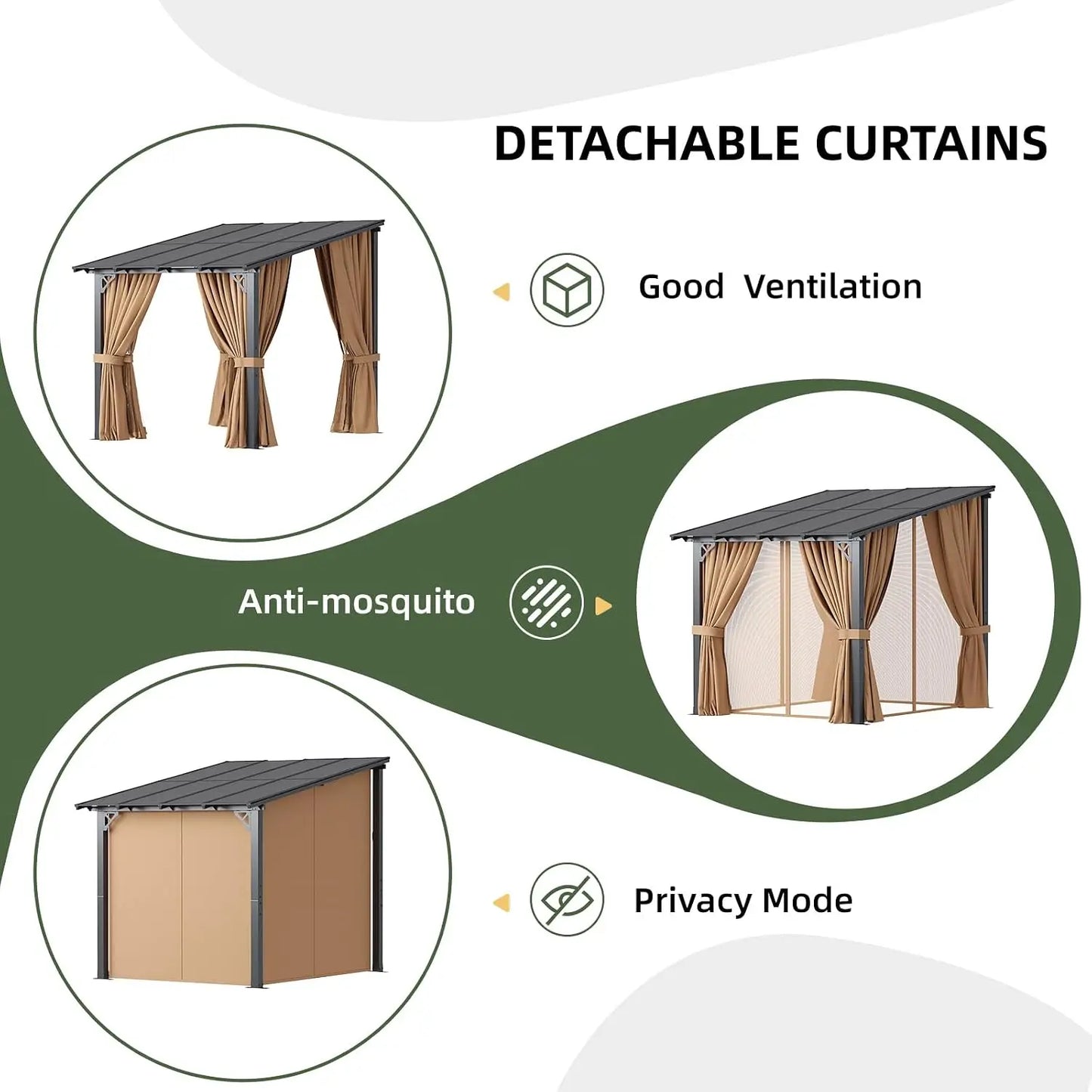 8x10ft Aluminum Lean-to Gazebo, Mosquito Net, Curtains, Polycarbonate Panel & Wall Mounted Pergola, Custom