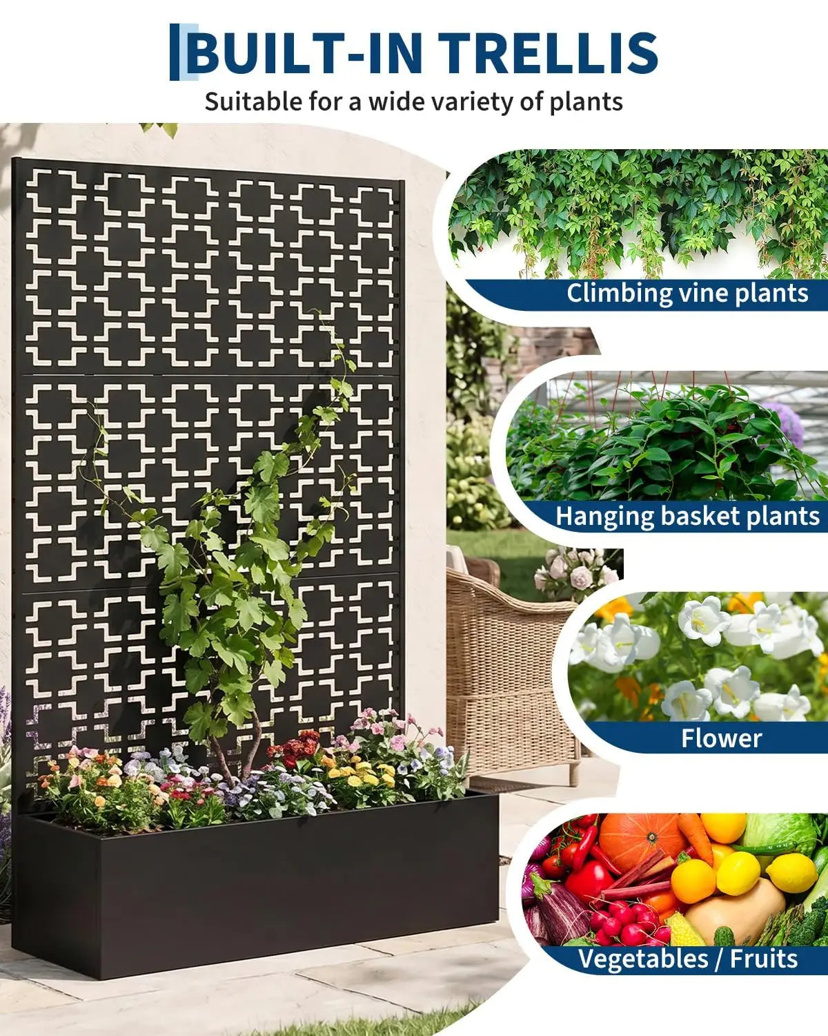 71'' Metal Raised Planter Box With Trellis, Outdoor Garden Bed With Privacy Screen, Drainage Holes For Climbing Plants Vegetables