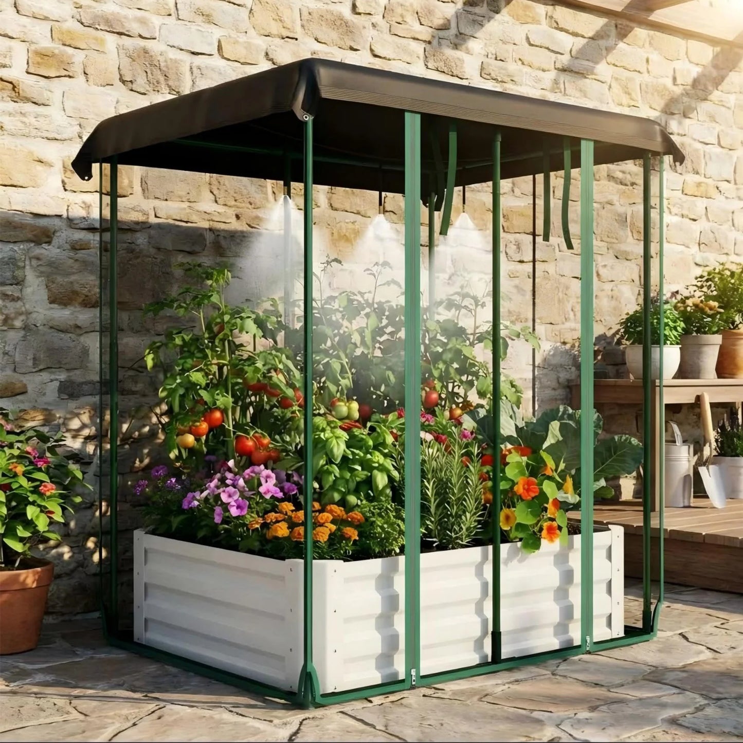 3-in-1 Raised Garden Bed 48"x36"x12" Galvanized Metal Planter Box Drip Irrigation Insect Net Shade Cloth Outdoor Vegetables