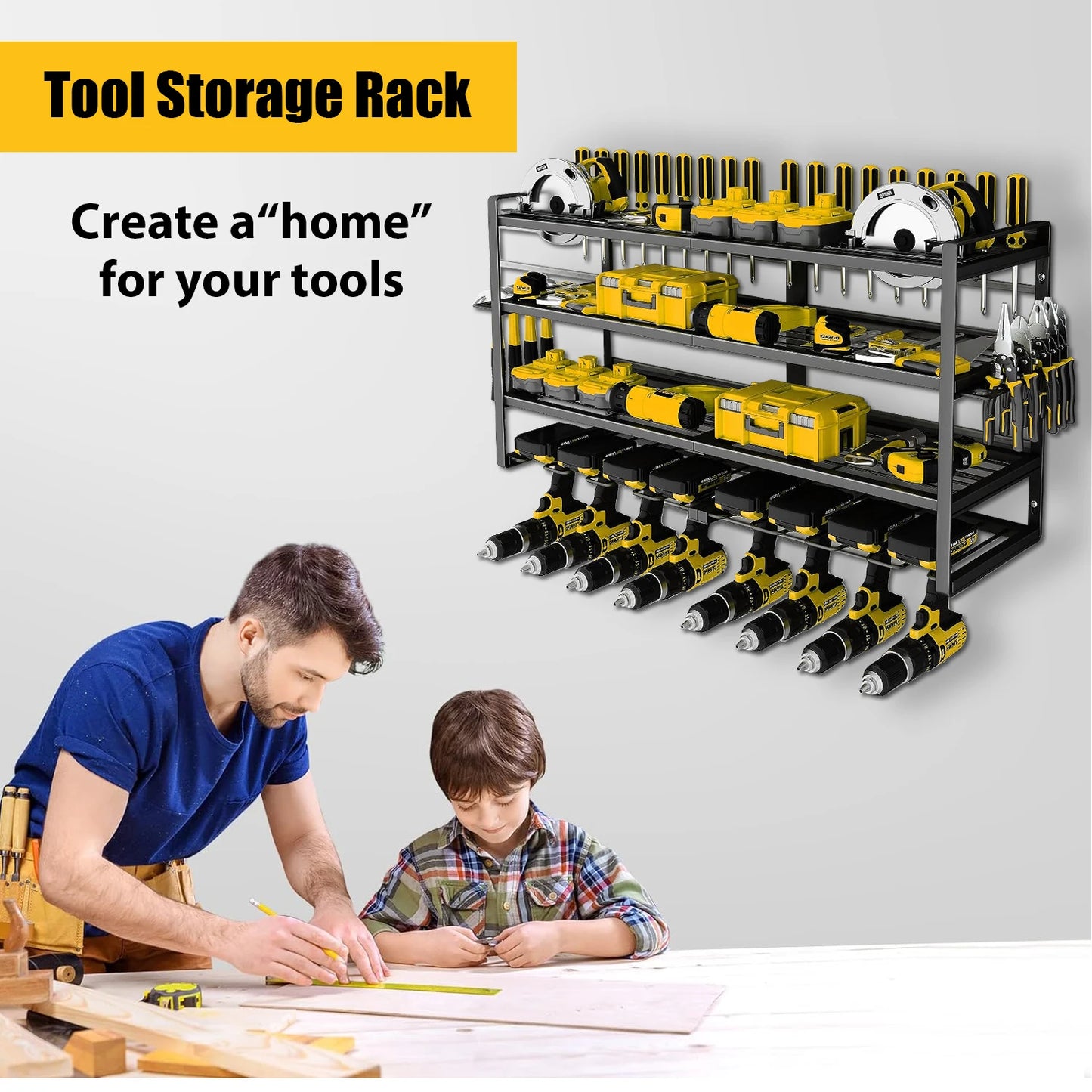 Power Tool Storage Rack 4 Layers Organizer-8 Tool Floating Shelf Wall Mount Heavy Duty Iron Drill Holder for Basement Workbench