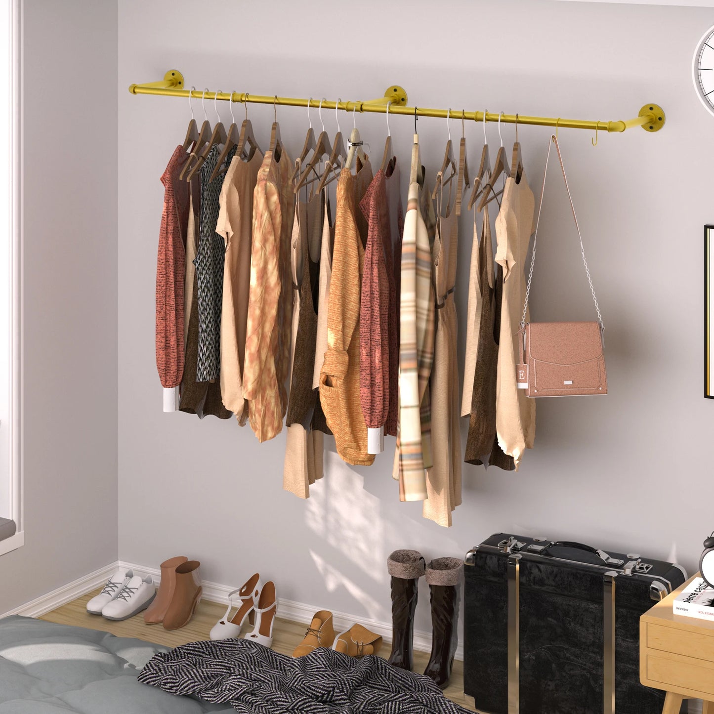 Wall Mounted Clothes Rack Industrial Pipe for Hanging Clothes, Space-Saving Closet Rod Multi-Purpose Hang Bedroom Laundry Room