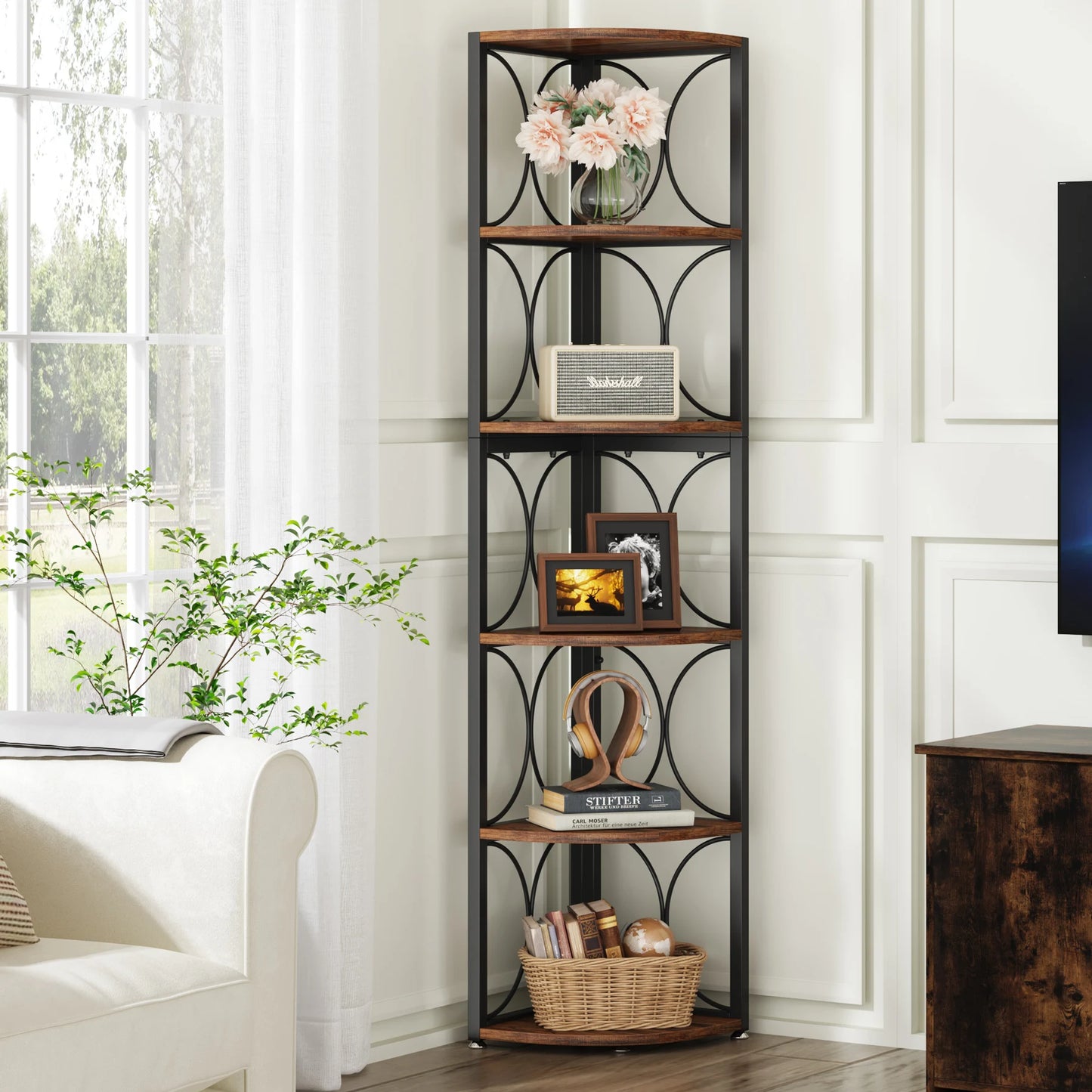 Tribesigns 6 Tier Tall Corner Shelf, 61 inch Rustic Corner Bookshelf Storage Rack Standing Shelving Unit