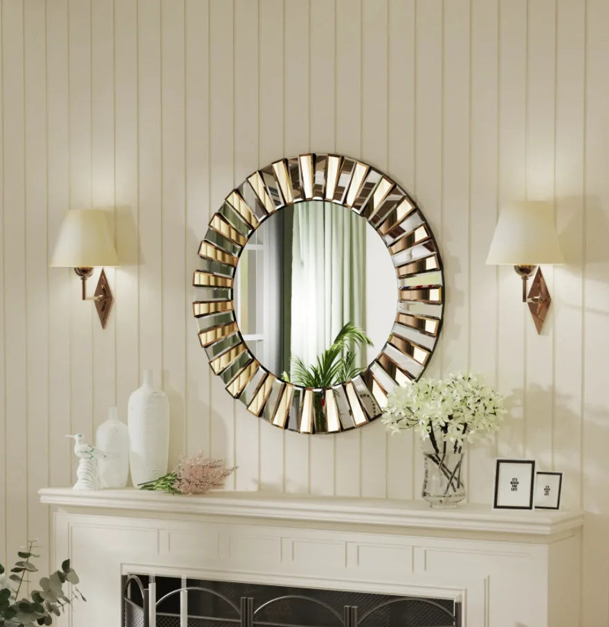 60/80CM Round Starburst Decorative Wall Mirror Gorgeous Tawny Accent Mirror for Bathroom Bedroom Living Room Dining Room
