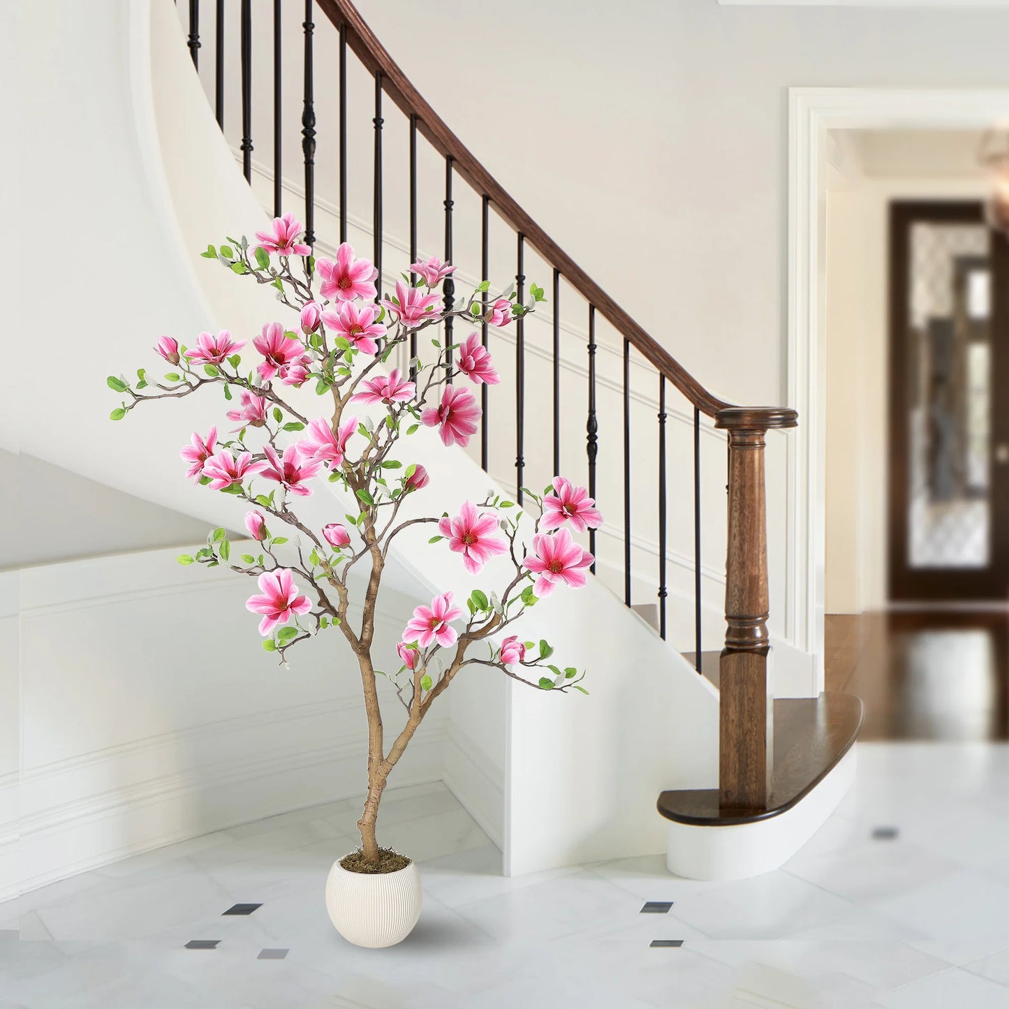 Lifelike Pink Magnolia Artificial Tree for Home Decor – Realistic Tall Silk Faux Plant Flower in Pot for Living Room Entryway