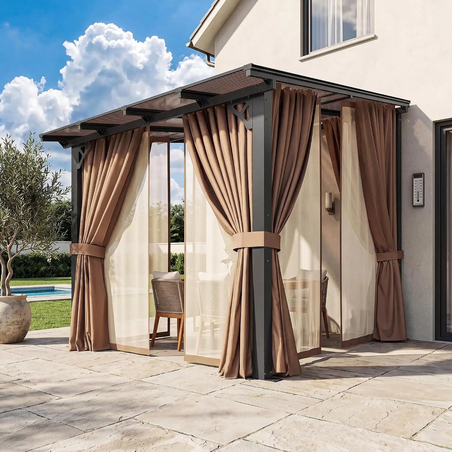 8x10ft Aluminum Lean-to Gazebo, Mosquito Net, Curtains, Polycarbonate Panel & Wall Mounted Pergola, Custom