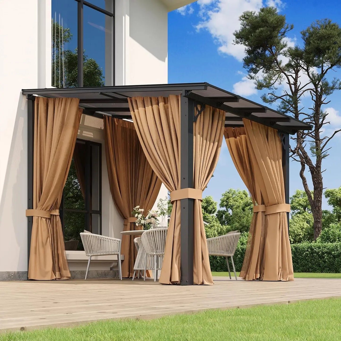 8x10ft Aluminum Lean-to Gazebo, Mosquito Net, Curtains, Polycarbonate Panel & Wall Mounted Pergola, Custom
