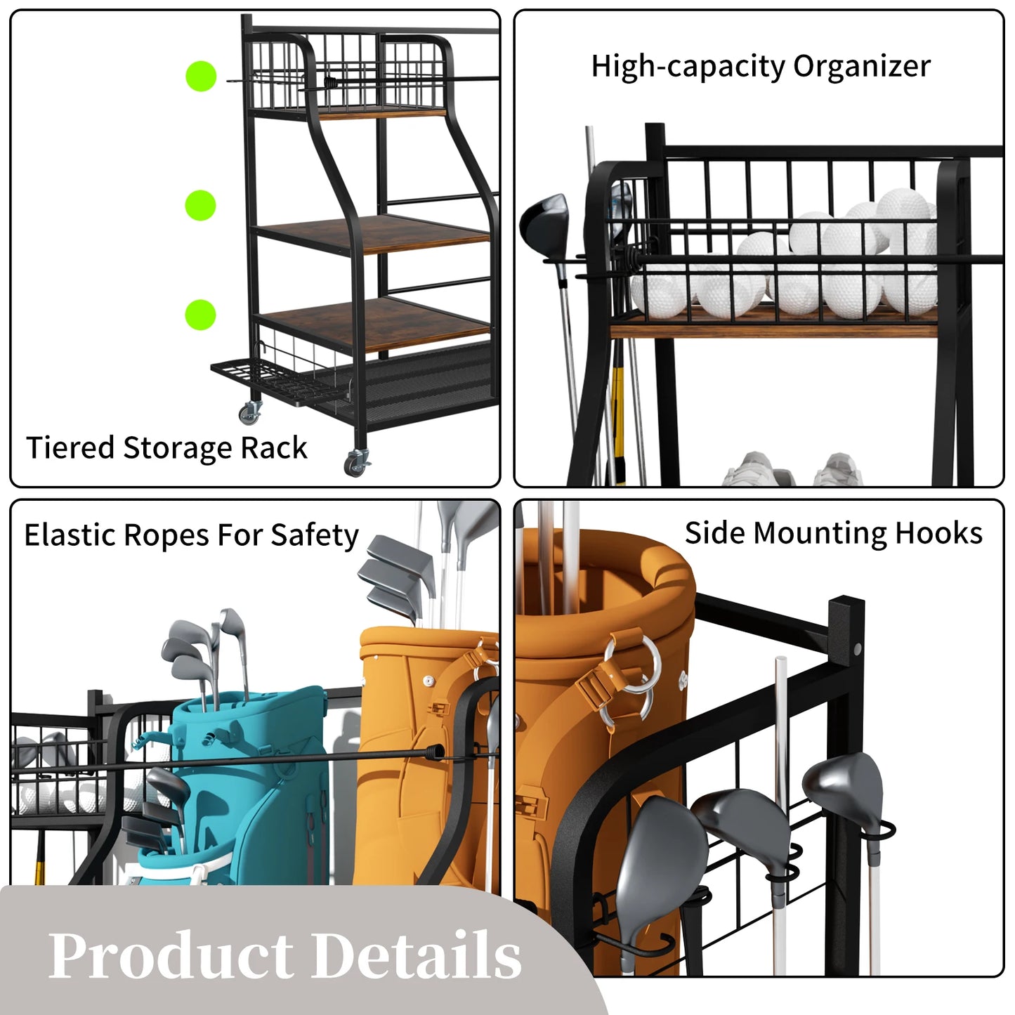 Multifunctional Rolling Golf Bags Storage Shelf Metal Sports Equipment Organizer Rack with Wheels