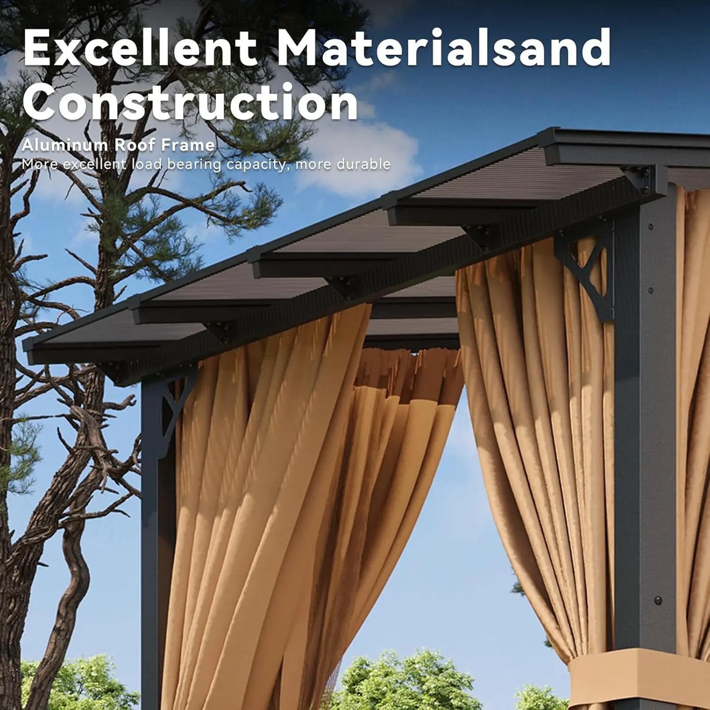 8x10ft Aluminum Lean-to Gazebo, Mosquito Net, Curtains, Polycarbonate Panel & Wall Mounted Pergola, Custom