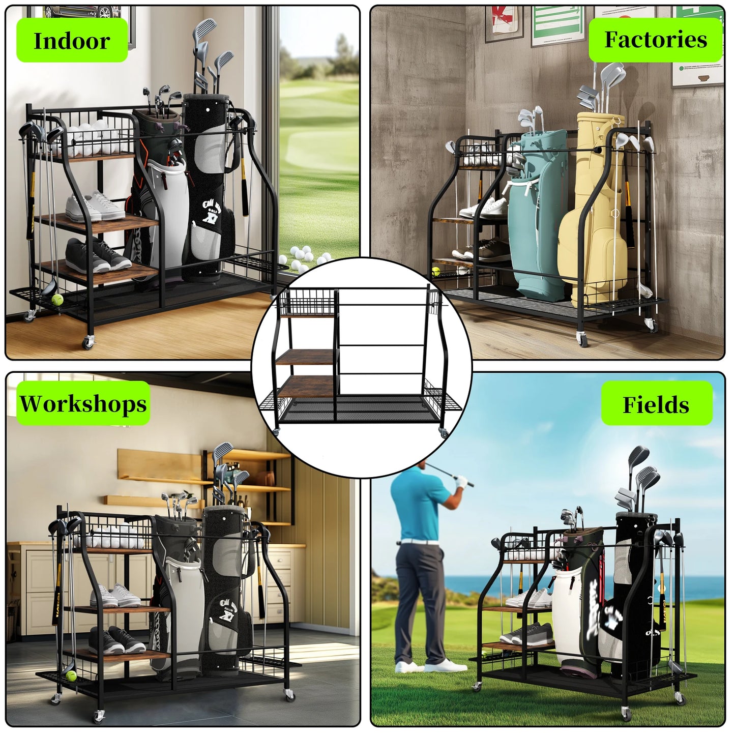 Multifunctional Rolling Golf Bags Storage Shelf Metal Sports Equipment Organizer Rack with Wheels