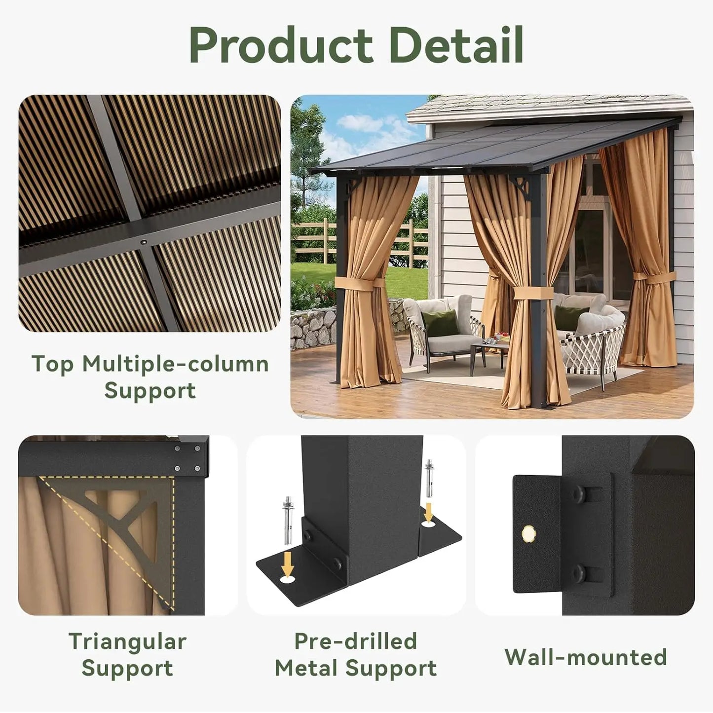 8x10ft Aluminum Lean-to Gazebo, Mosquito Net, Curtains, Polycarbonate Panel & Wall Mounted Pergola, Custom