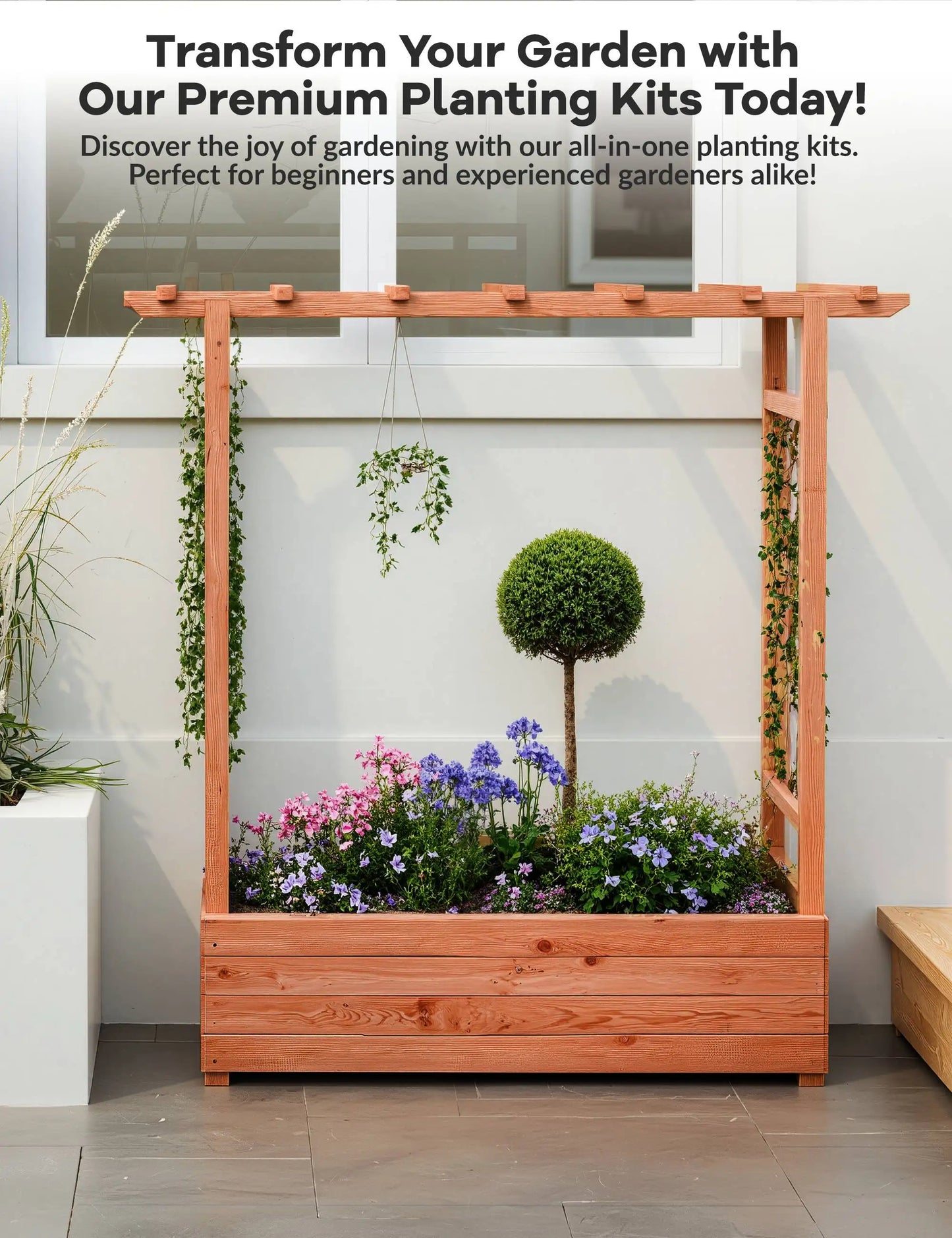 Elevated Wooden Raised Garden Bed with Trellis/Canopy/Drainage Hole Freestanding Planter Box for Climbing Plants Vines Blossoms