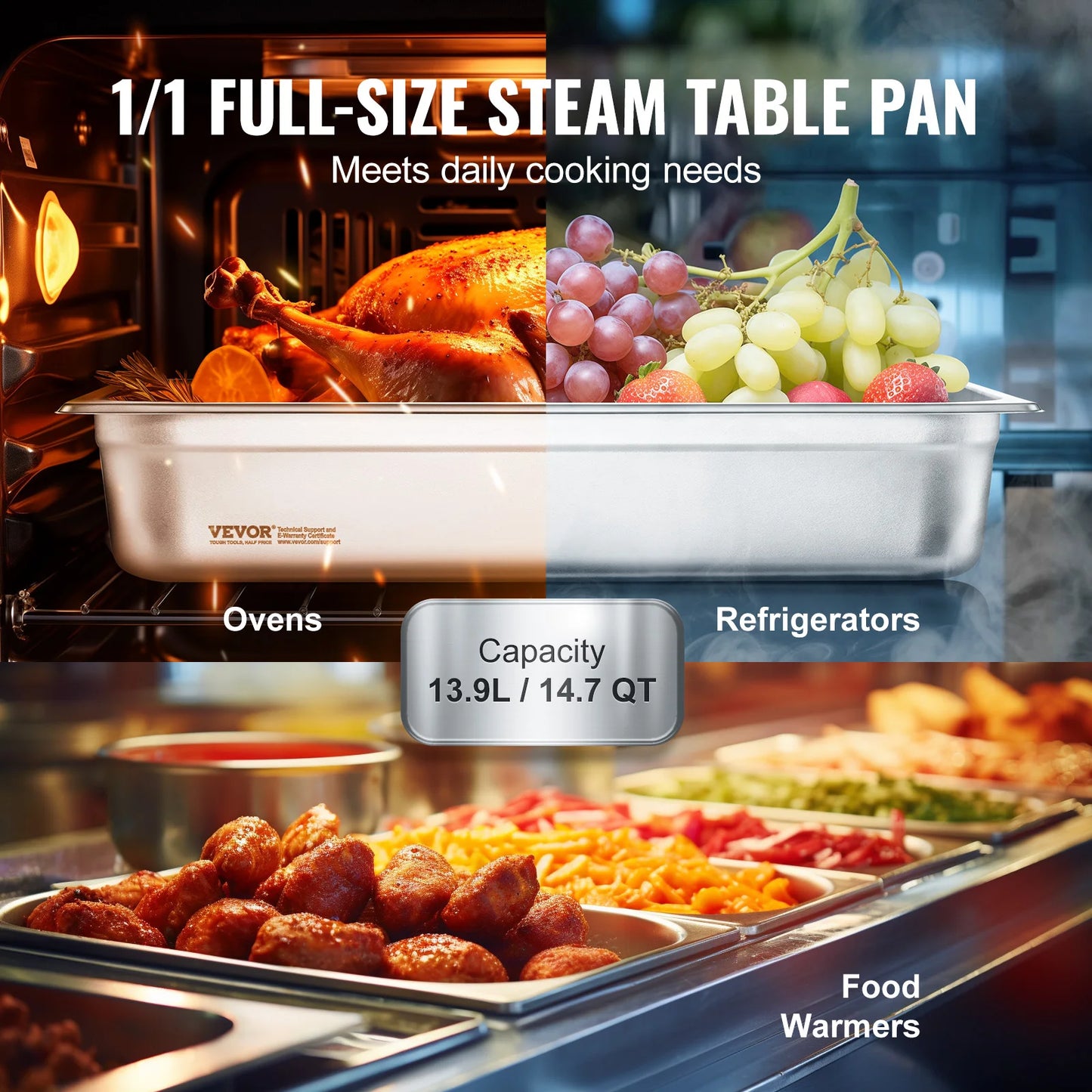 SucceBuy 4Pack Hotel Pans Full Size Anti-Jam Steam Pan with Lid Stainless Steel Steam Table Pan 4-Inch Deep Commercial Table Pan