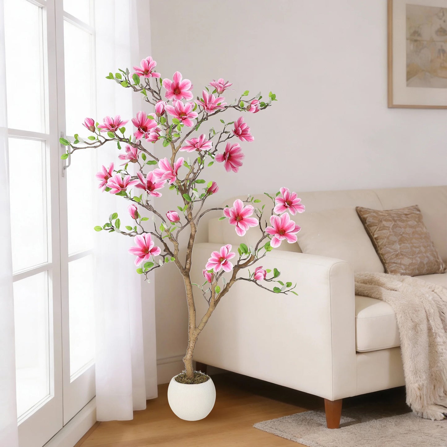 Lifelike Pink Magnolia Artificial Tree for Home Decor – Realistic Tall Silk Faux Plant Flower in Pot for Living Room Entryway