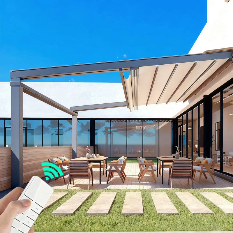 Electric Retractable Awning Motorized Folding Canopy Patio Restaurant Balcony Waterproof Sun Shade Remote Control Aluminum Frame