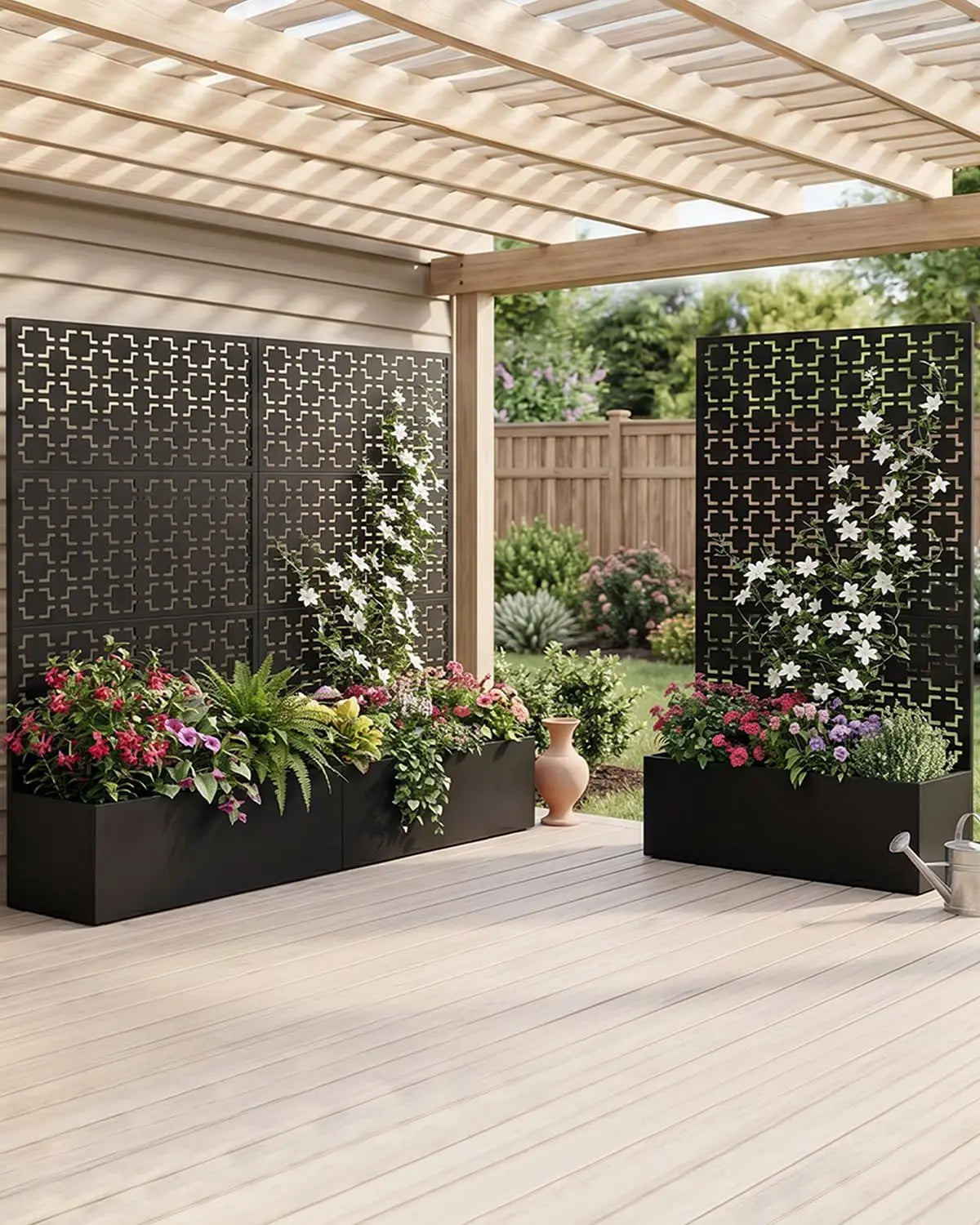 71'' Metal Raised Planter Box With Trellis, Outdoor Garden Bed With Privacy Screen, Drainage Holes For Climbing Plants Vegetables