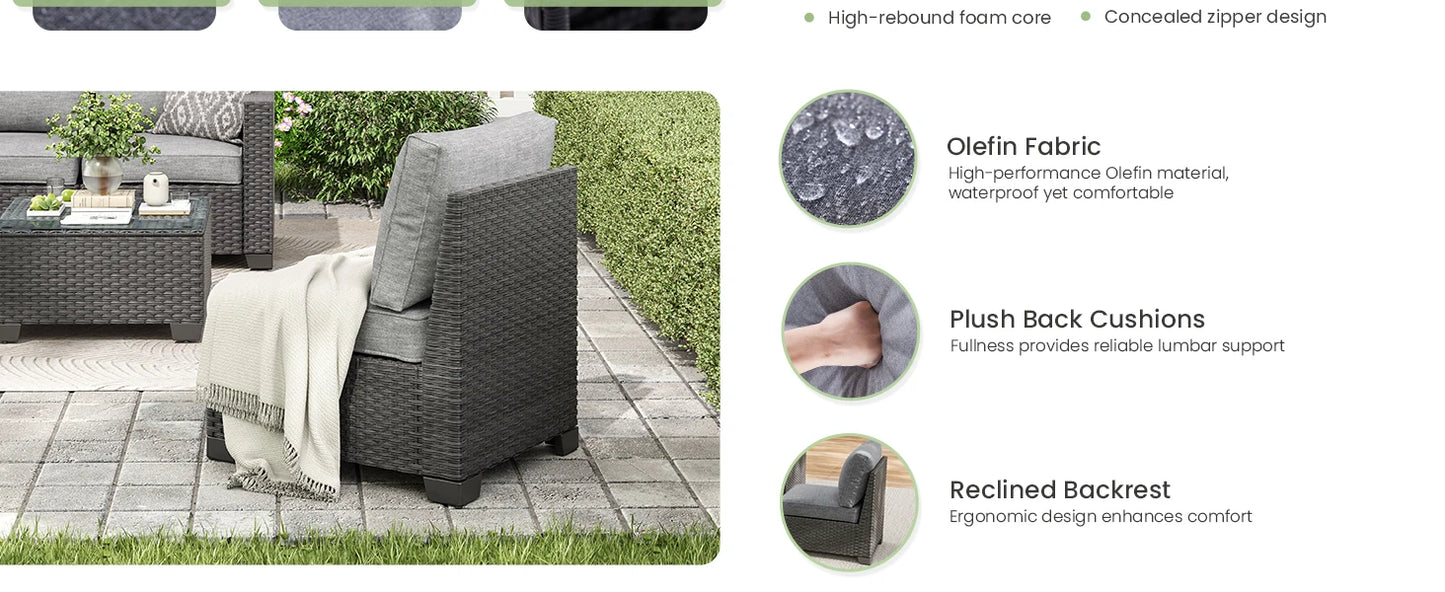 Farini Patio Sectional Sofa Set, Outdoor Furniture with Ottoman, Water/Oil/Stain-Resistant Fabric, Dark Gray Cushion + Gray Wick