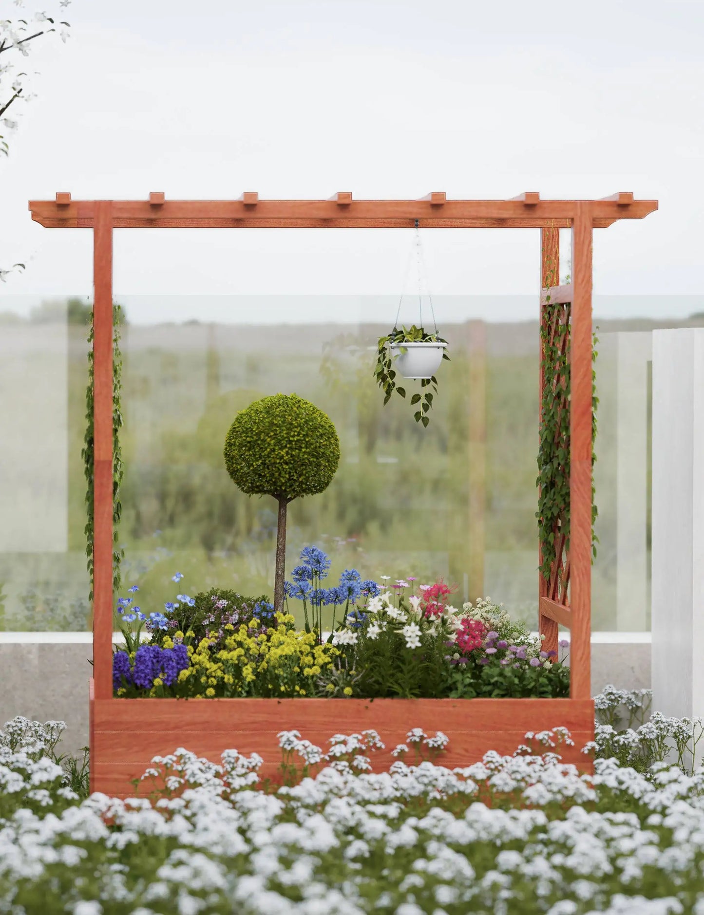 Elevated Wooden Raised Garden Bed with Trellis/Canopy/Drainage Hole Freestanding Planter Box for Climbing Plants Vines Blossoms