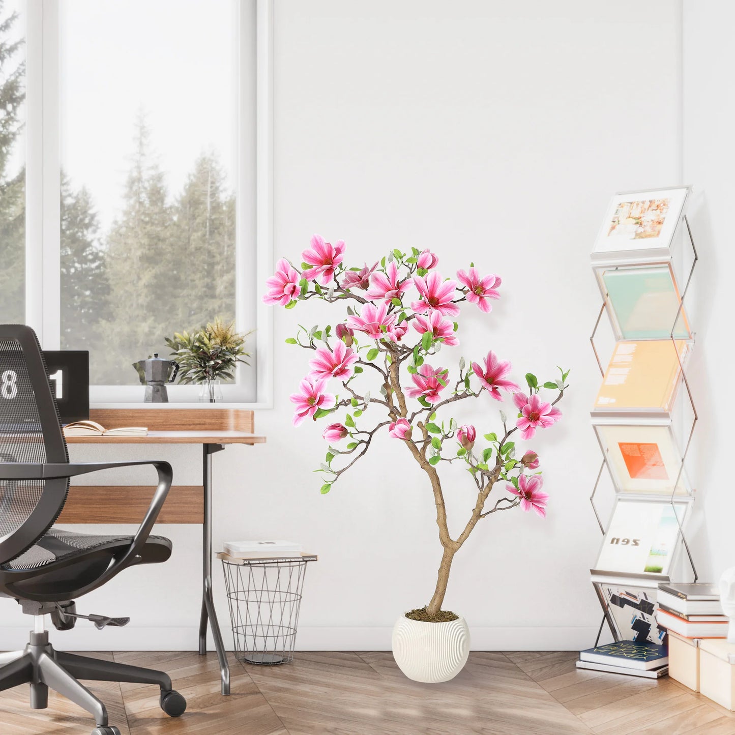Lifelike Pink Magnolia Artificial Tree for Home Decor – Realistic Tall Silk Faux Plant Flower in Pot for Living Room Entryway