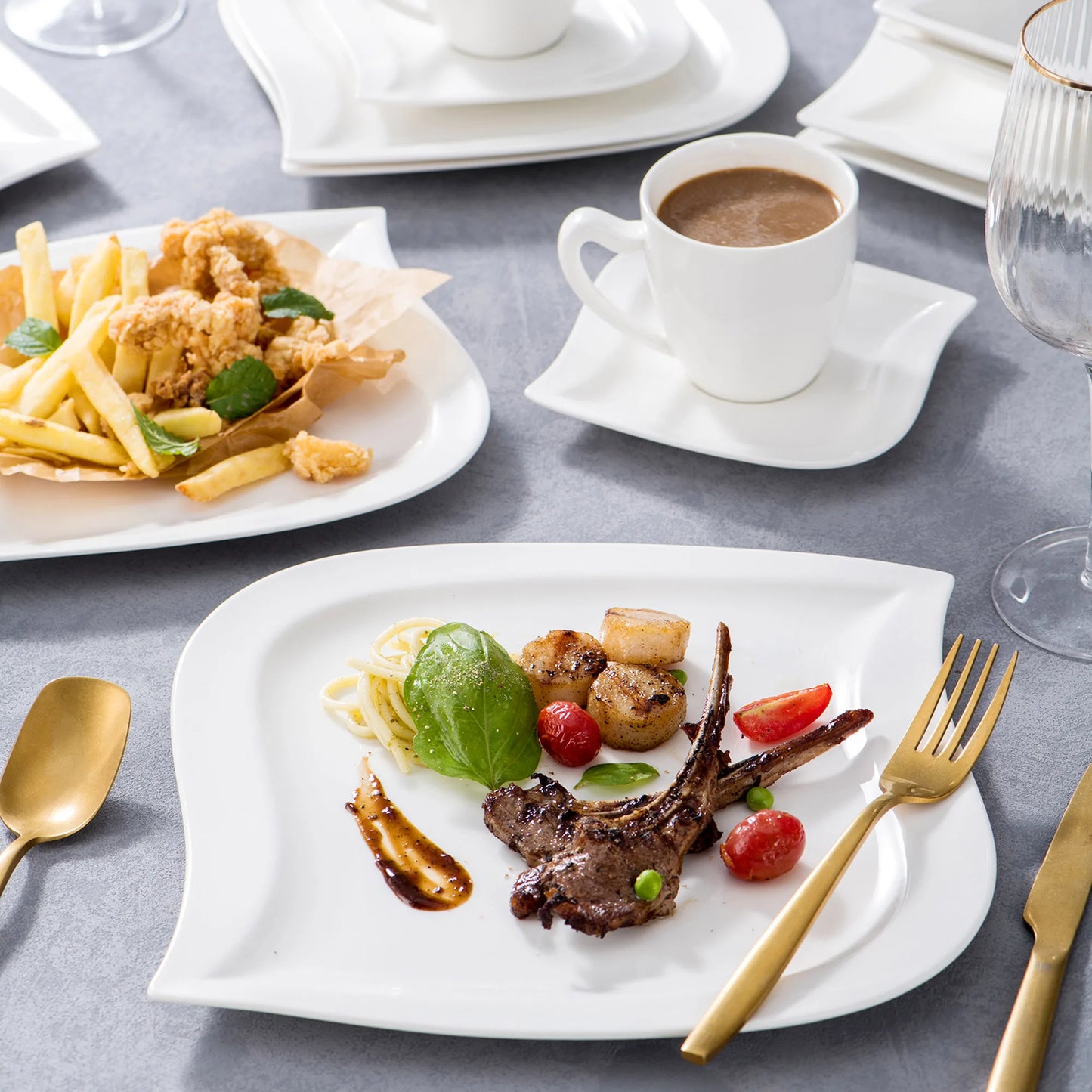 MALACASA 30/60 Piece White Porcelain Dinner Set with Cups Saucers Dessert Soup Dinner Plates Tableware Service for 6/12