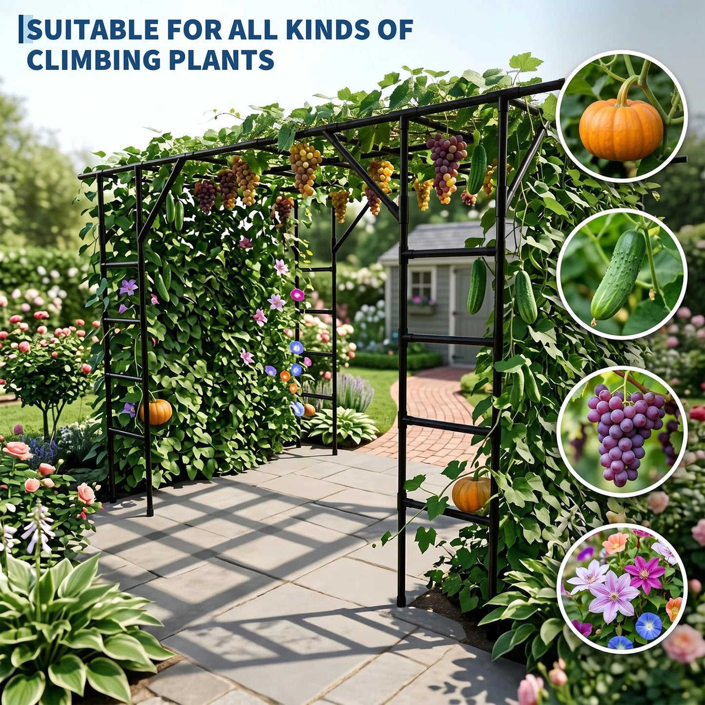 132in Garden Arch Trellis For Cucumber Grape Vine, Heavy Duty Metal Plant Trellis For Climbing Vegetables Flowers Raised Beds